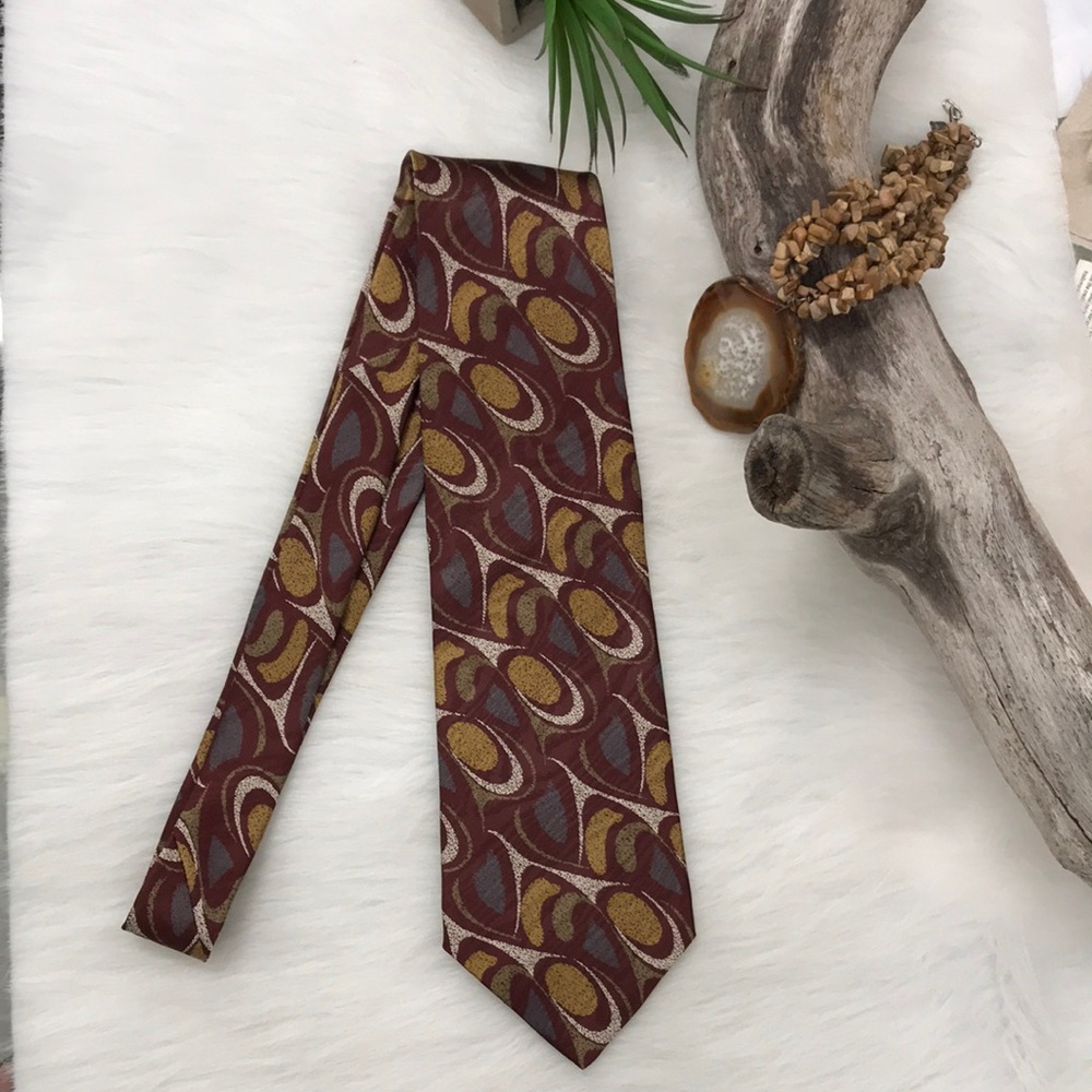 Bugatti Tie Italian Silk Wide Abstract Pattern Print Burgandy & Mustard 56” x 4”
